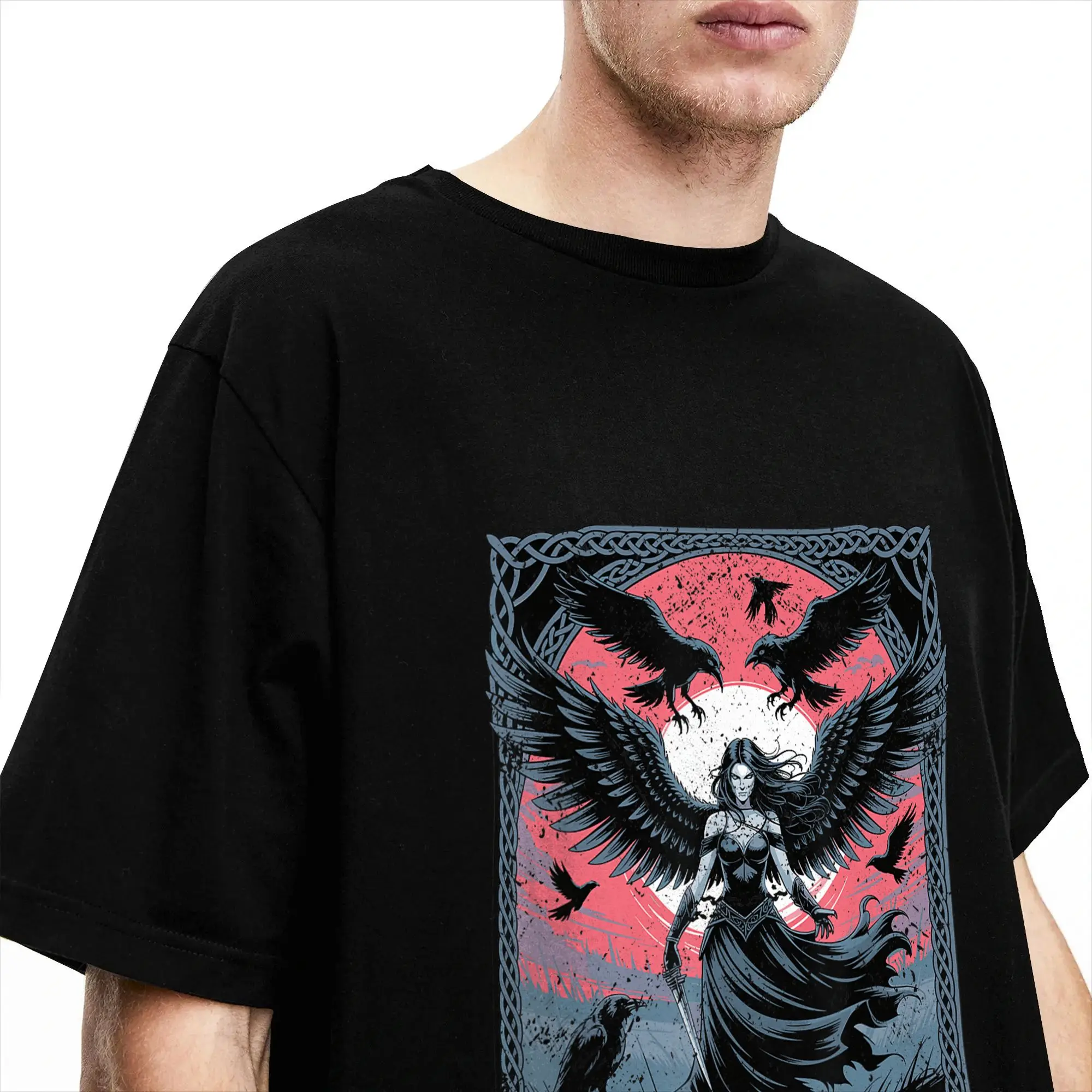 Vintage T-Shirt Morrigan Göttin des Krieges und des Schicksals mit Raben und Flügeln Baumwoll-T-Shirts Hipster T-Shirt Kurzarm-Oberteile – Detail 3