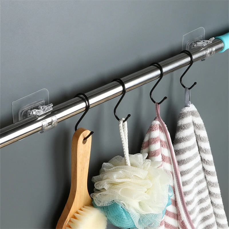 2PCS Cross Bar Hook Hanging Rod Fixed Clip Round Pole Bracket Clamp Self-Adhesive Wall Storage Shelf Bathroom Kitchen Gadget