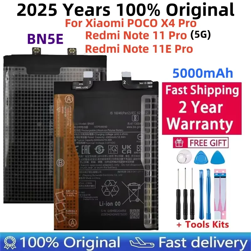 

2025 Years 100% Original BN5E Battery For Xiaomi POCO X4 PRO / Redmi Note 11 Pro / 11E Pro 5G High Quality Phone Battery 5000mAh