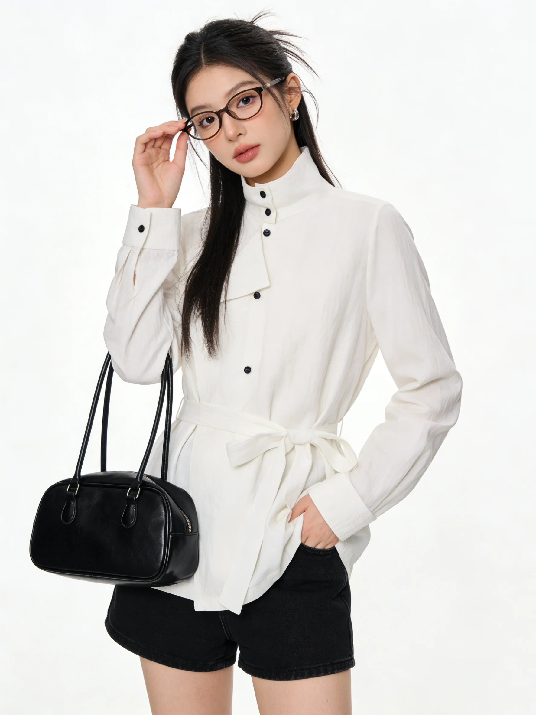 

White Korean Sle irt Jaet Slimming Waist Design Spring New Early Top Women's Loose Fit Long Sve Breathable Skin-Frie...