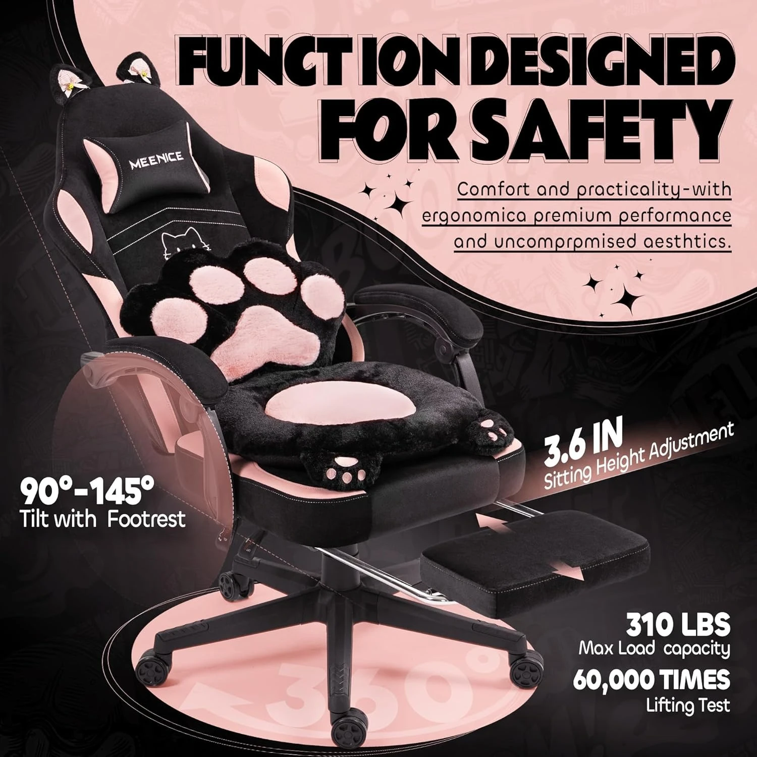 Pink Cute Gaming Chair with Cat Ears & Paw Lumbar Cushion, Ergonomic Reclining Computer Chair with Footrest, Customized