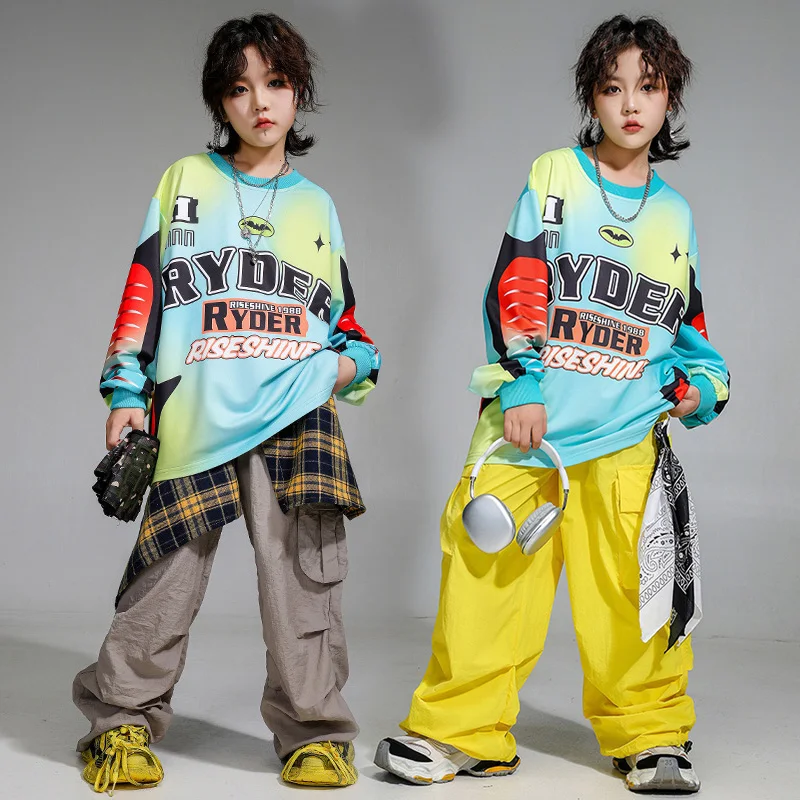 Children Boy Girl Streetwear Fashion Performance Costume Long Sleeve T-Shirt Cargo Pant Sets Tracksuits Kids Stage Clothes