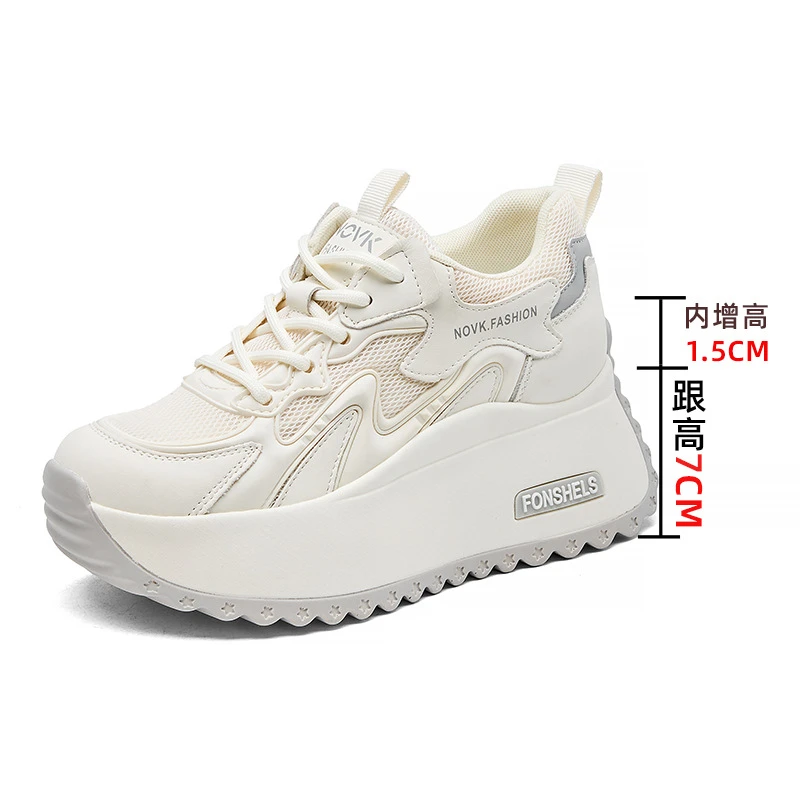 Womens White Pink Mesh Breathable Platform Sneakers Hidden Height Increasing Casual Dad Shoes Versatile Thick Sole Sporty Traine