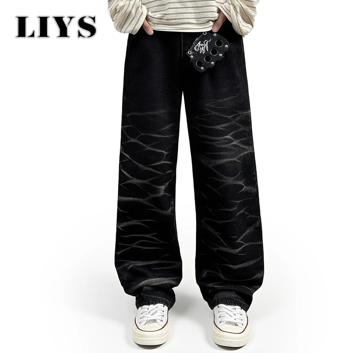 

Осенние мужские прямые джинсы в американском стиле ретро, черные модные свободные джинсовые брюки в полоску с волнами, роскошные готические джинсы