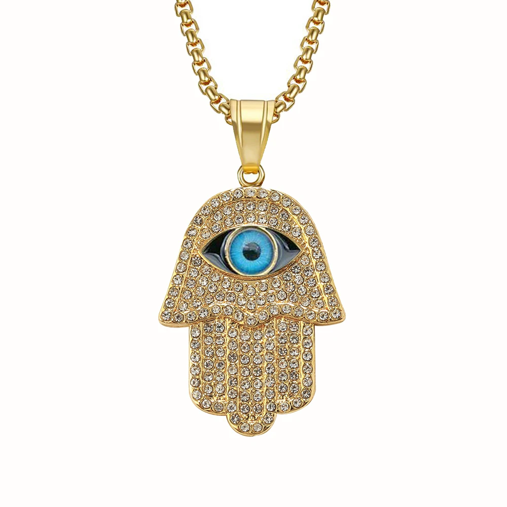 Türkische böse Blick Hamsa Hand der Fatima Anhänger Halskette Gold Farbe Edelstahl Iced Out Kette Hip Hop Frauen/Männer Schmuck