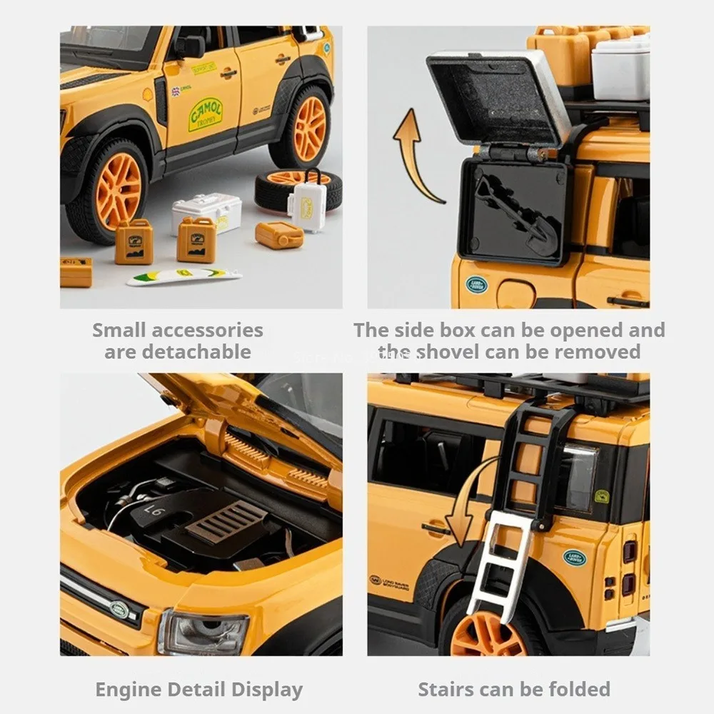 1:24 aleación Land Rover Defender modelos fundidos a presión coches de juguete con luz trasera sonido miniatura todoterreno juguetes interactivos para niños