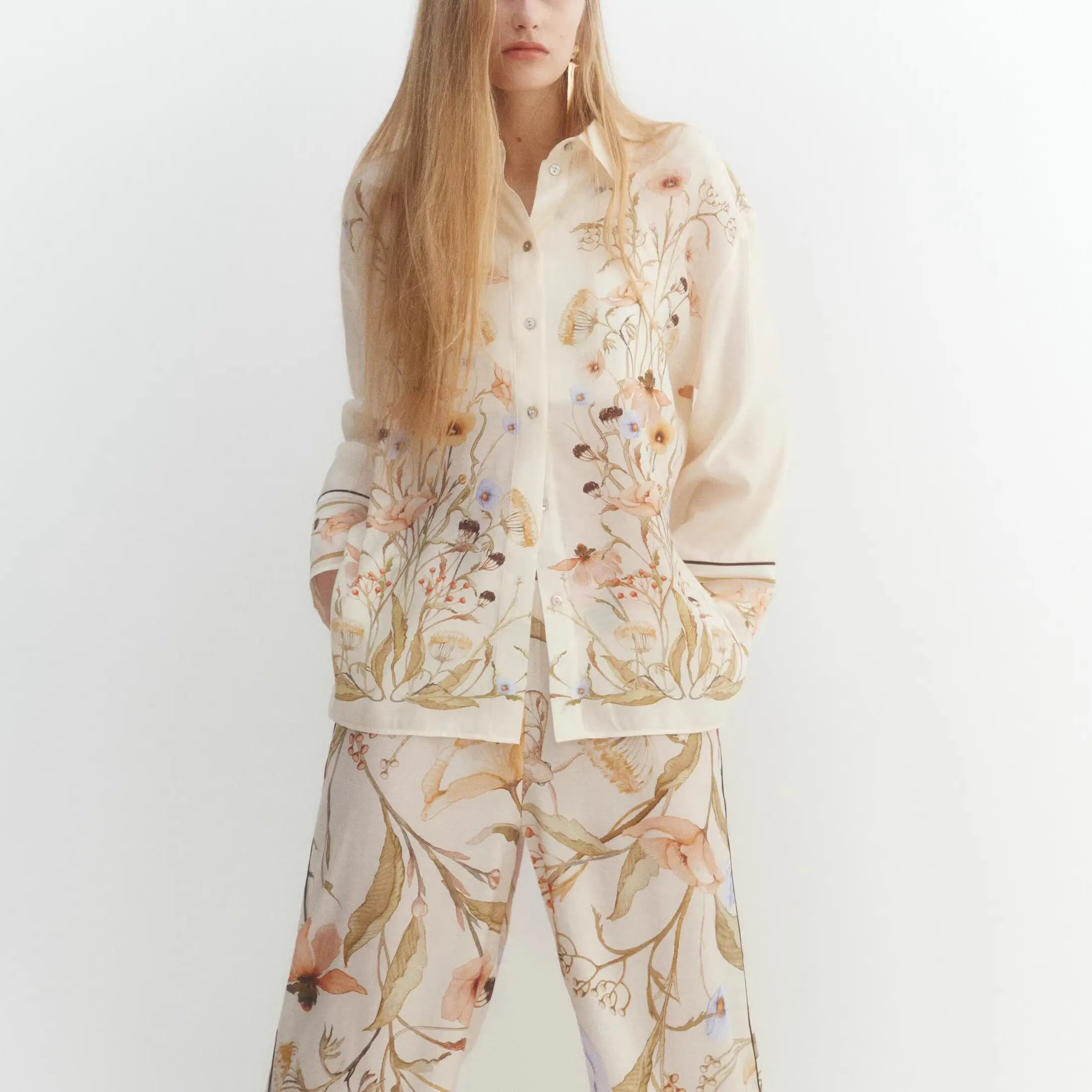 Floral Pattern Long Sleeve Shirt And Pants Set High Waist Trousers Button Closure Loose Fit European Style Spring Fashion for...