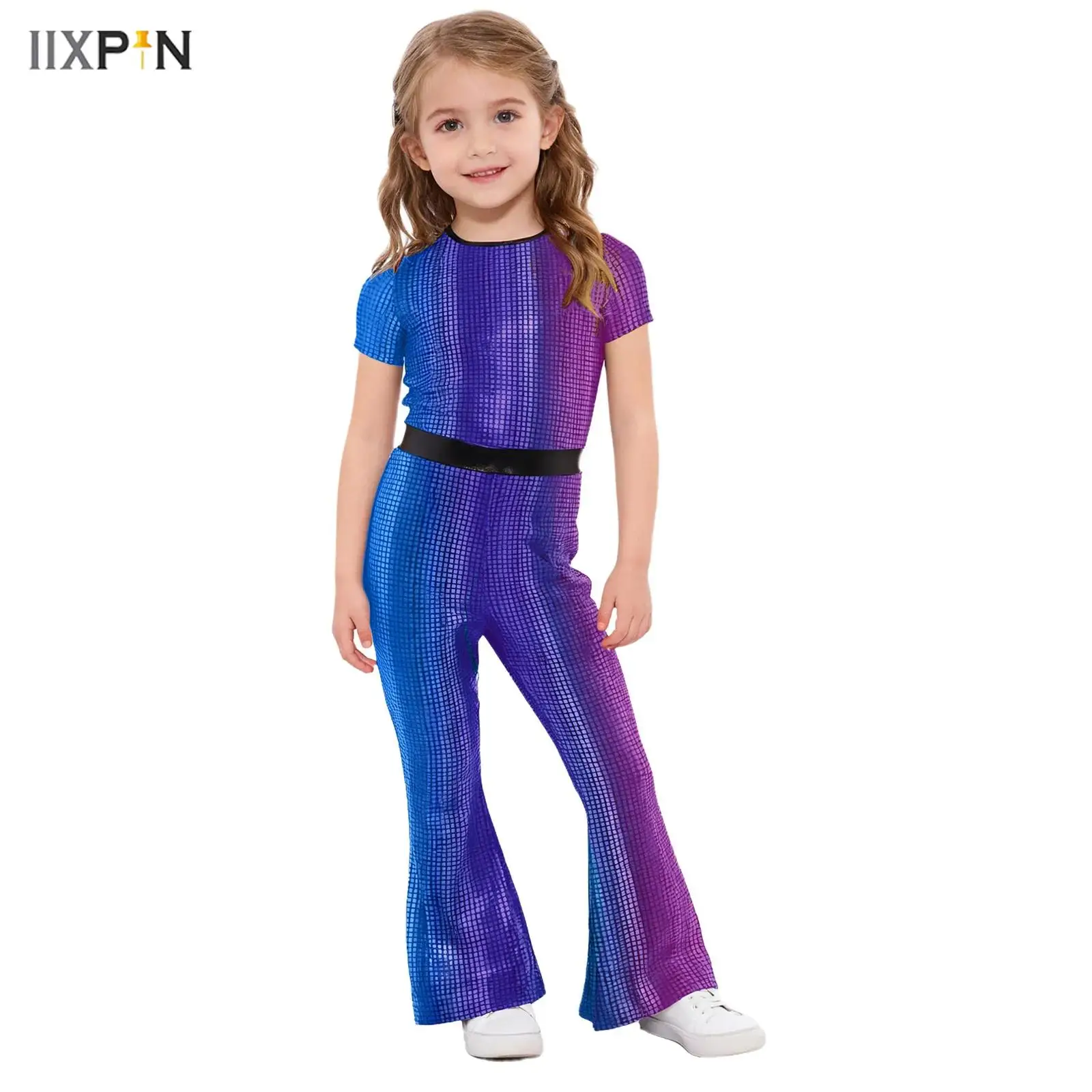 

Kids Girls Jazz Disco Dance Performance Costume Metallic Plaid Jumpsuit Short Sleeve Back Zipper Full Body Bell-Bottom Leotard