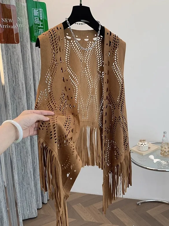 

Большой размер n Sle Svel жилет для женщин с вырезами и кисточками летний топ в этническом стиле, ветрозащитная накидка, тонкая ткань для поездок на работу