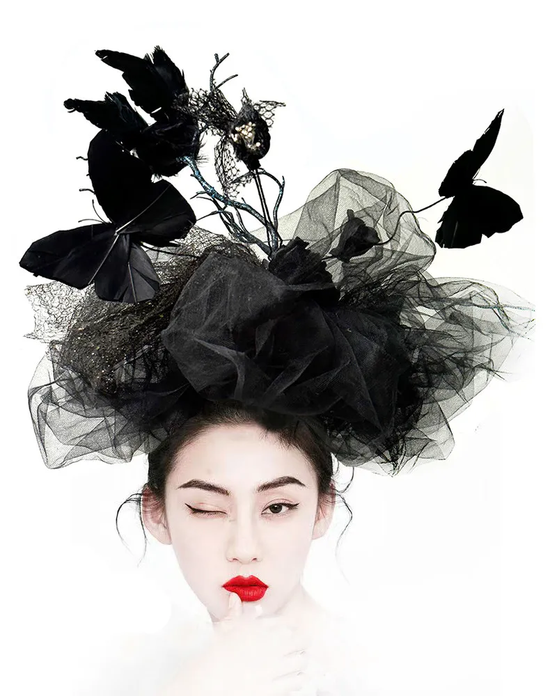 Dark and Quirky Butterfly Withered Branches Headband Mesh Feather Vintage Hair Accessories Headwear Top Hat
