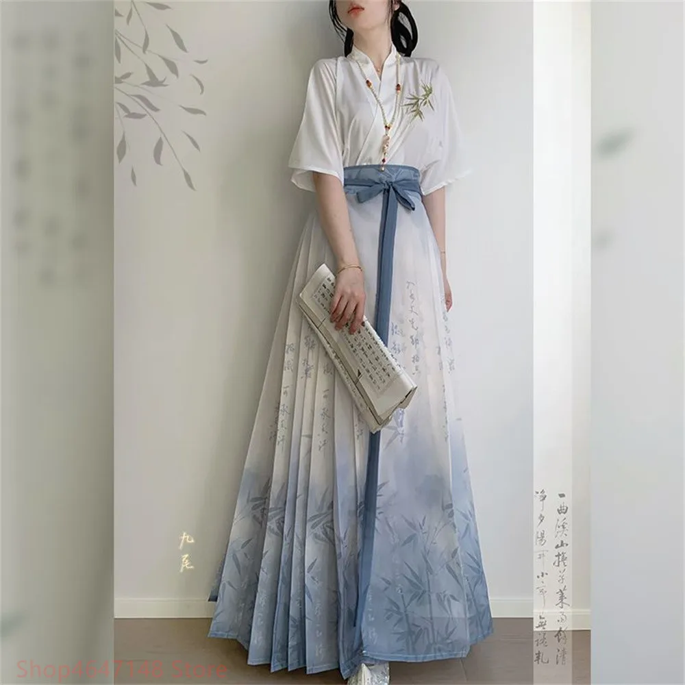 

Винтажная юбка Hanfu с изображением лошади, женская юбка, кардиган с воротником-стойкой, рубашка, голубой цвет, новинка 2024