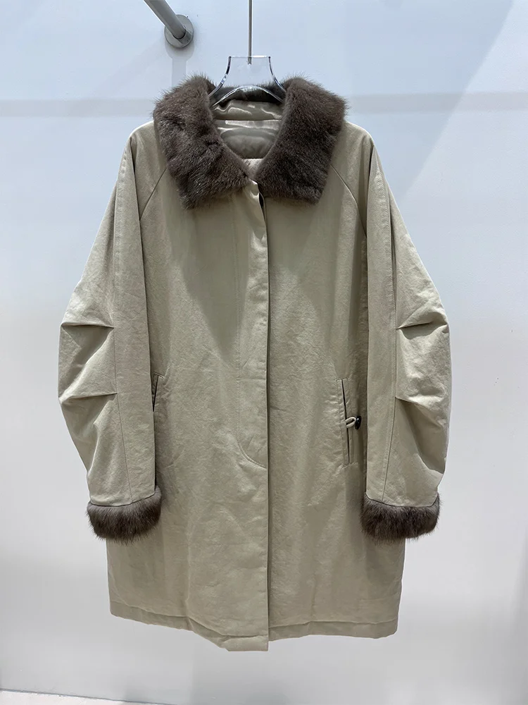 2025 Winter Women Warm Goose Down Jacket Natrual Real Muskrat Mink Fur Collar Coat Luxury Thick Female Cusual Outwear