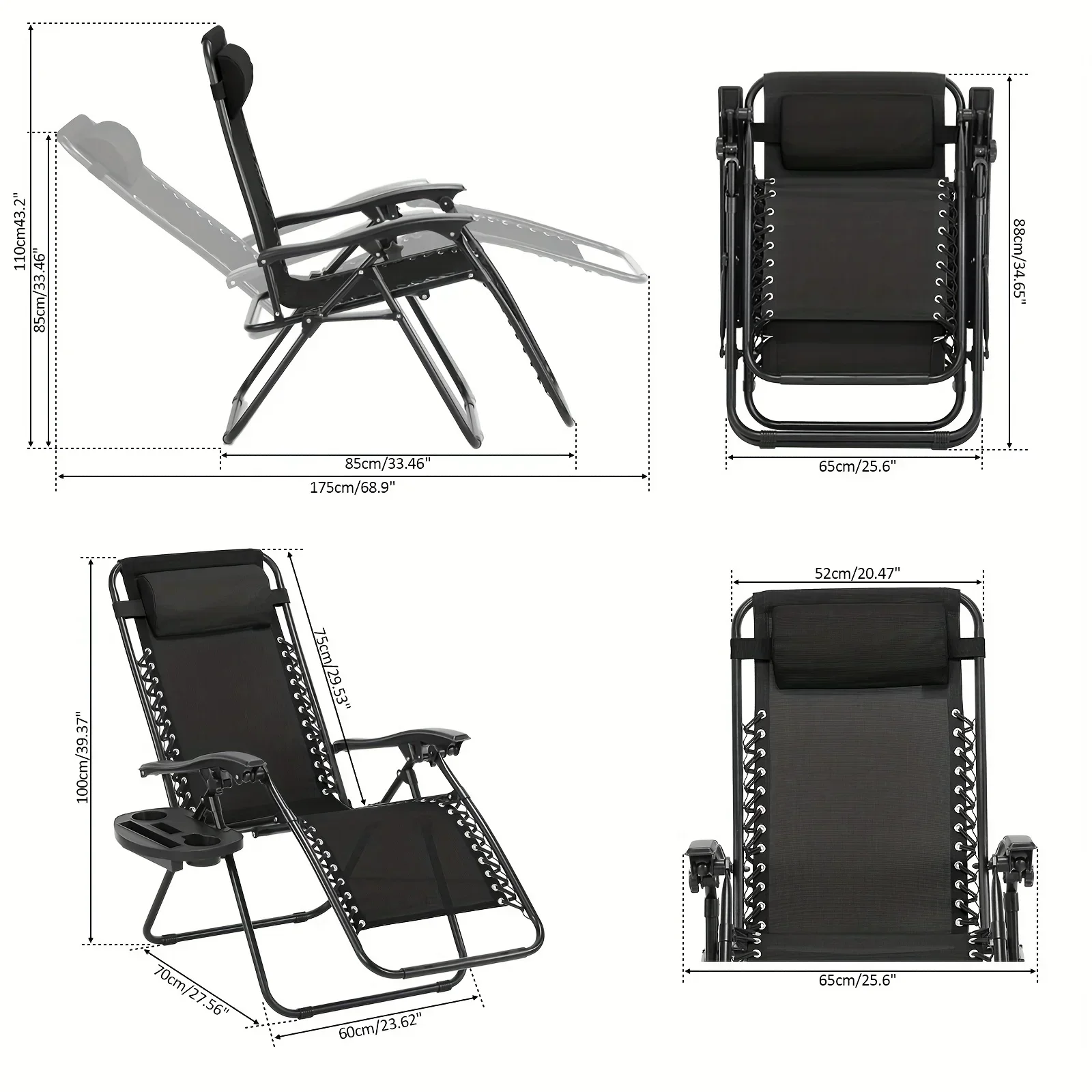 2PCS Folding Camping Chairs Zero Gravity Chair Patio Recliner Chair With Cup Holder Adjustable Headrest Reclining Lounge Chair