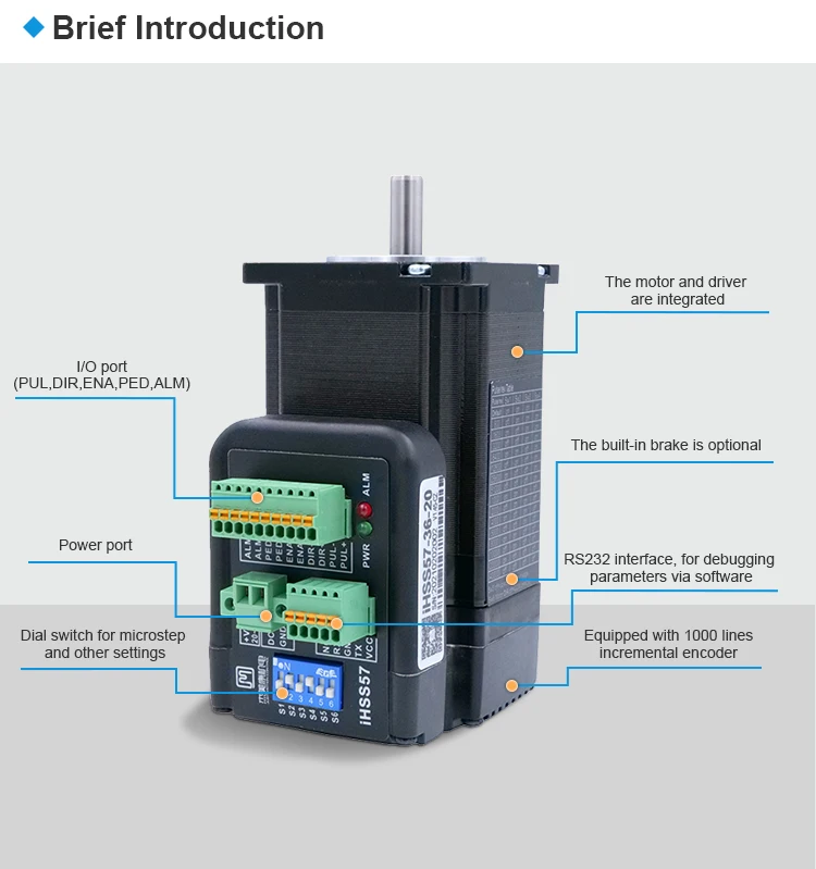 Motor Servo AC Terintegrasi IHSV57-30-18-36 Kecepatan Terukur 3000RPM Daya 180W 36V