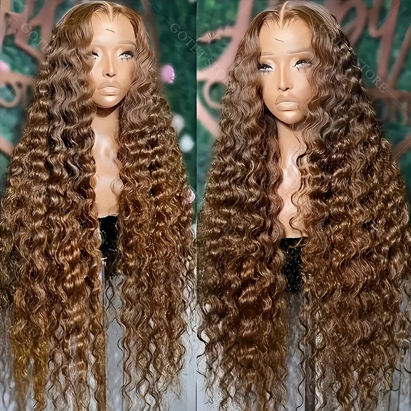 ディープカーリーウィッグ人毛チョコレートブラウン13x4 4x4 HDレースフロントウィッグカラーウォーターウェーブレースフロントウィッグ女性用30 32インチ