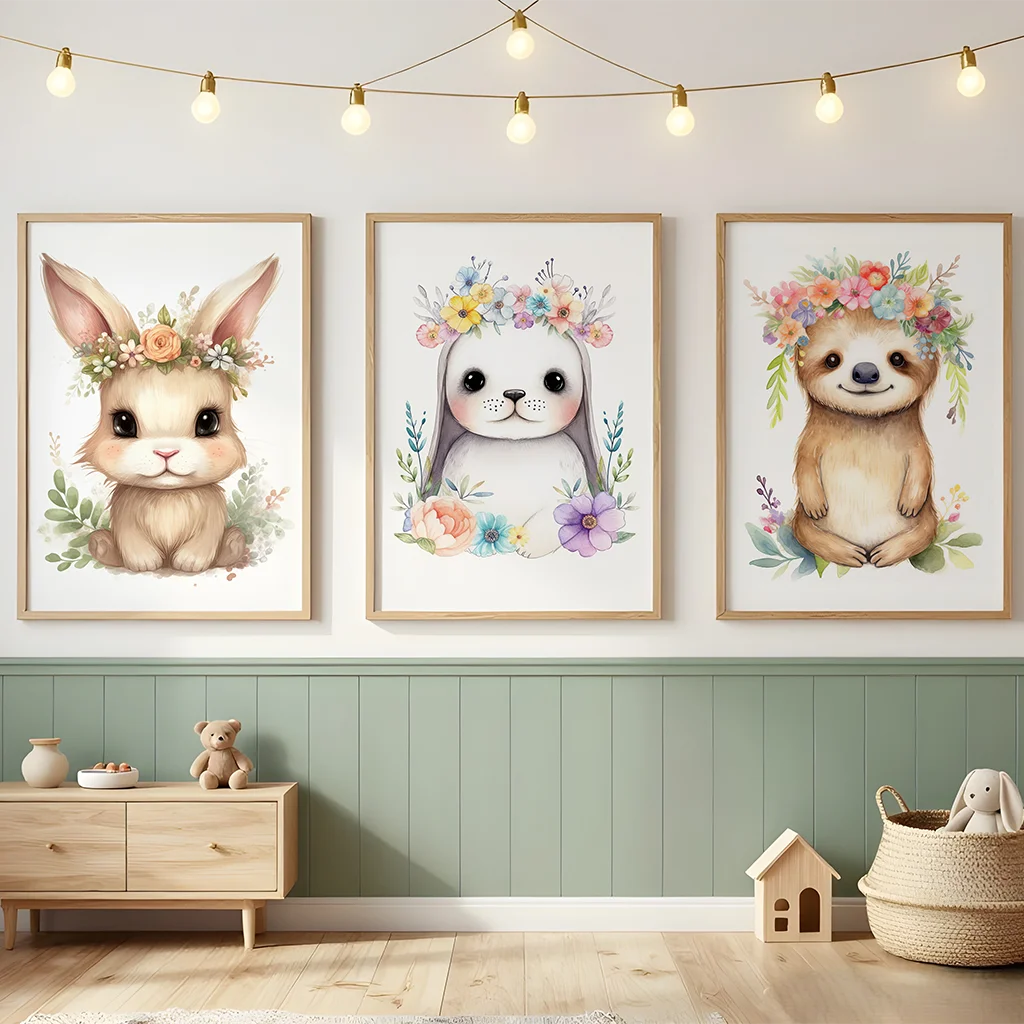 

Watercolor Cute Beaver Sloth Flower Wreath Wall Art Canvas Art Poster Prints Home Wall Decor Kids Bedroom Nursery Baby Lovely