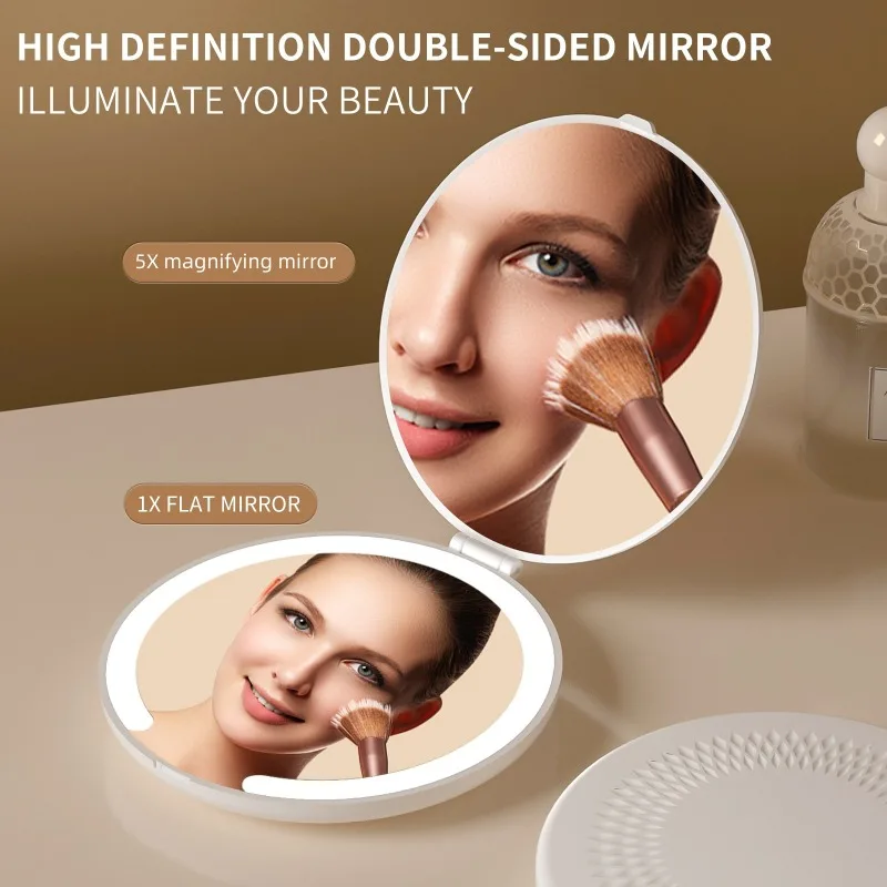 

LED Lighted Travel Makeup Mirror Foldable 5x Magnifying Mirror Rechargeable Compact Cosmetic Mirror For Handbag Purse Pocket