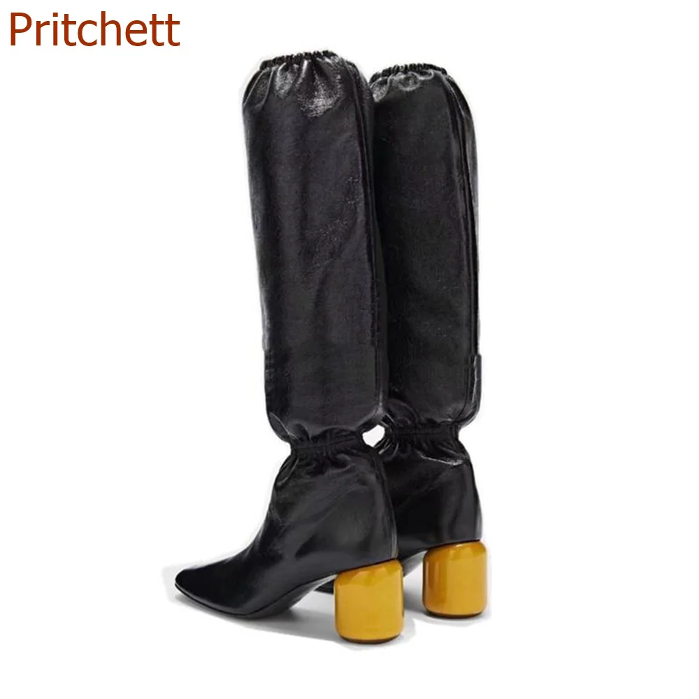 

Elastic Pleated Leather Sleeve Women's Boots Chunky Heel Round Toe Mid-tube Fashion Comfortable Knee High knight Women's Boots