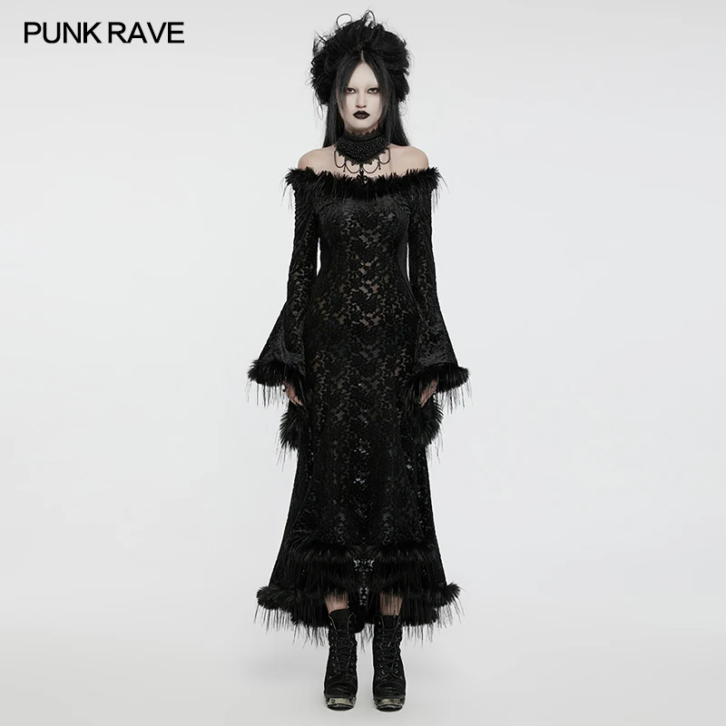 PUNK RAVE Women's Goth Dark Floral Flocked Mesh Goddess Dress V-neck or Slash Neck Short Front Long Back Hem Charm Party Dresses