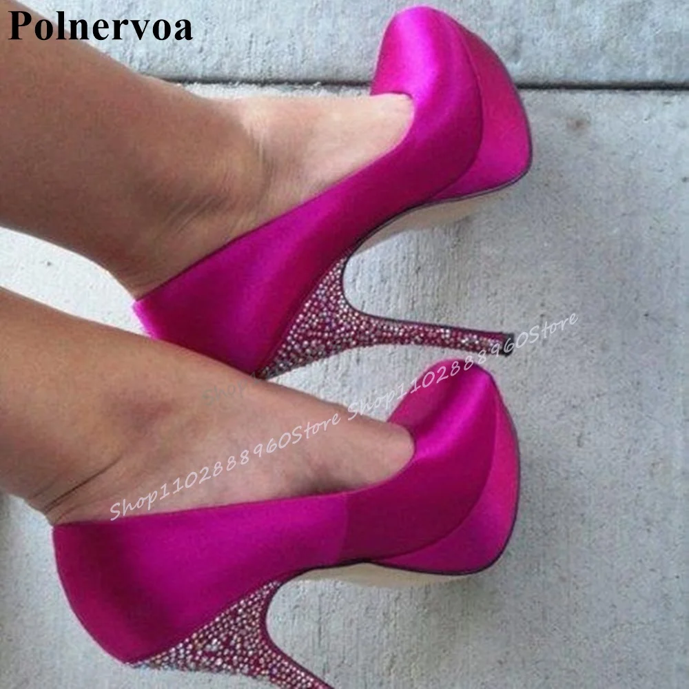 Luxurious Rose Red Shallow Crystal Heel Platform Pumps Thin High Heel Shoes For Women Slip On Round Toe 2026 Zapatos Para Mujere