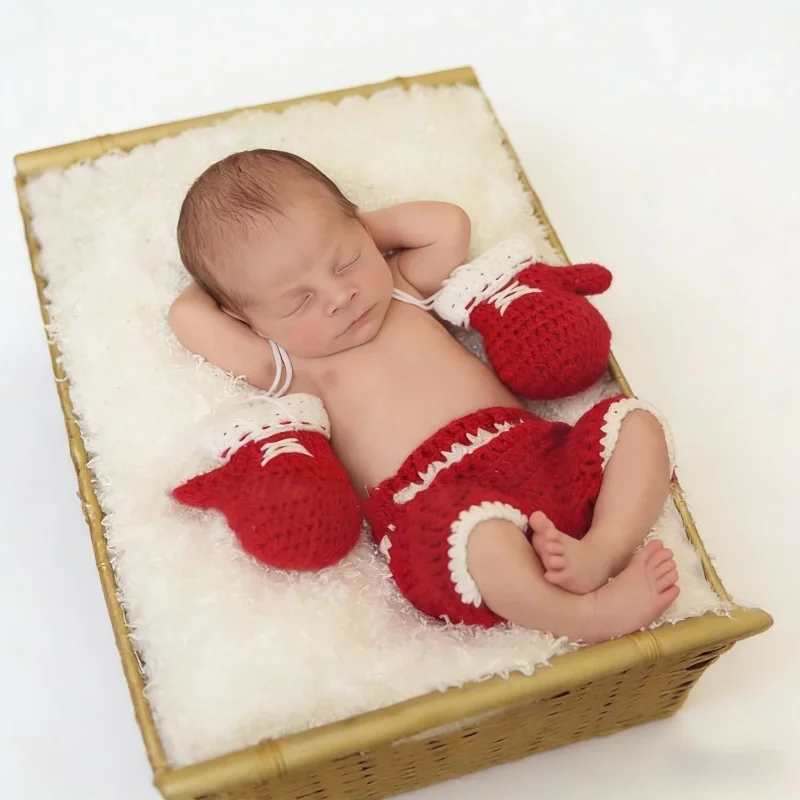 Solid Color Blue Knitted baby Photo Props 1 Set Boxer Pink Girl Crochet Set Baby Bath Gift Studio Photography Shooting Supplies