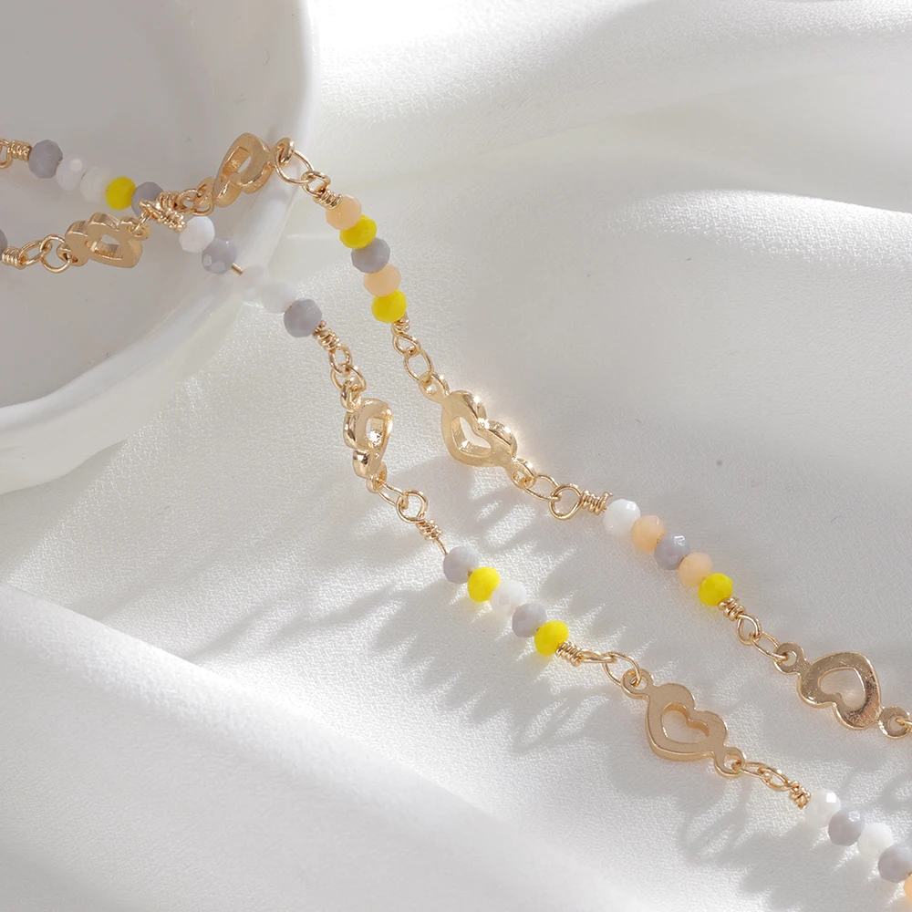 1meter Crystal Beads Chain KC Gold Color Love Heart Beaded Copper Chains for DIY Necklace Bracelet Jewelry Making Accessories