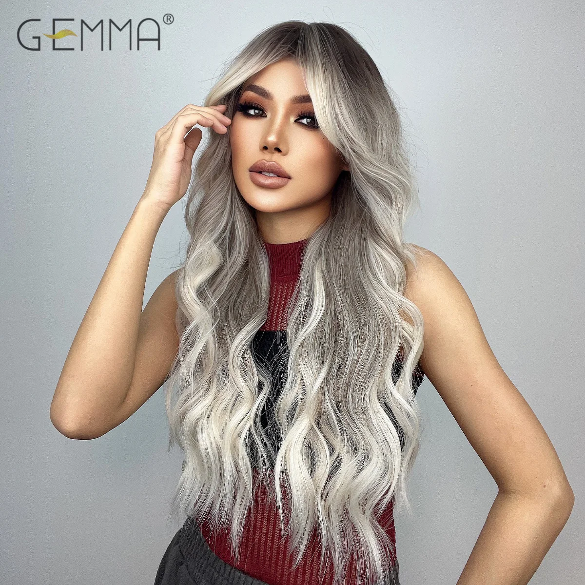 Synthetic Brown Gray Blonde Ombre Long Wavy Wig with Bangs Curly Cosplay Natural Hair Wig for Black Women Heat Resistant Fibre