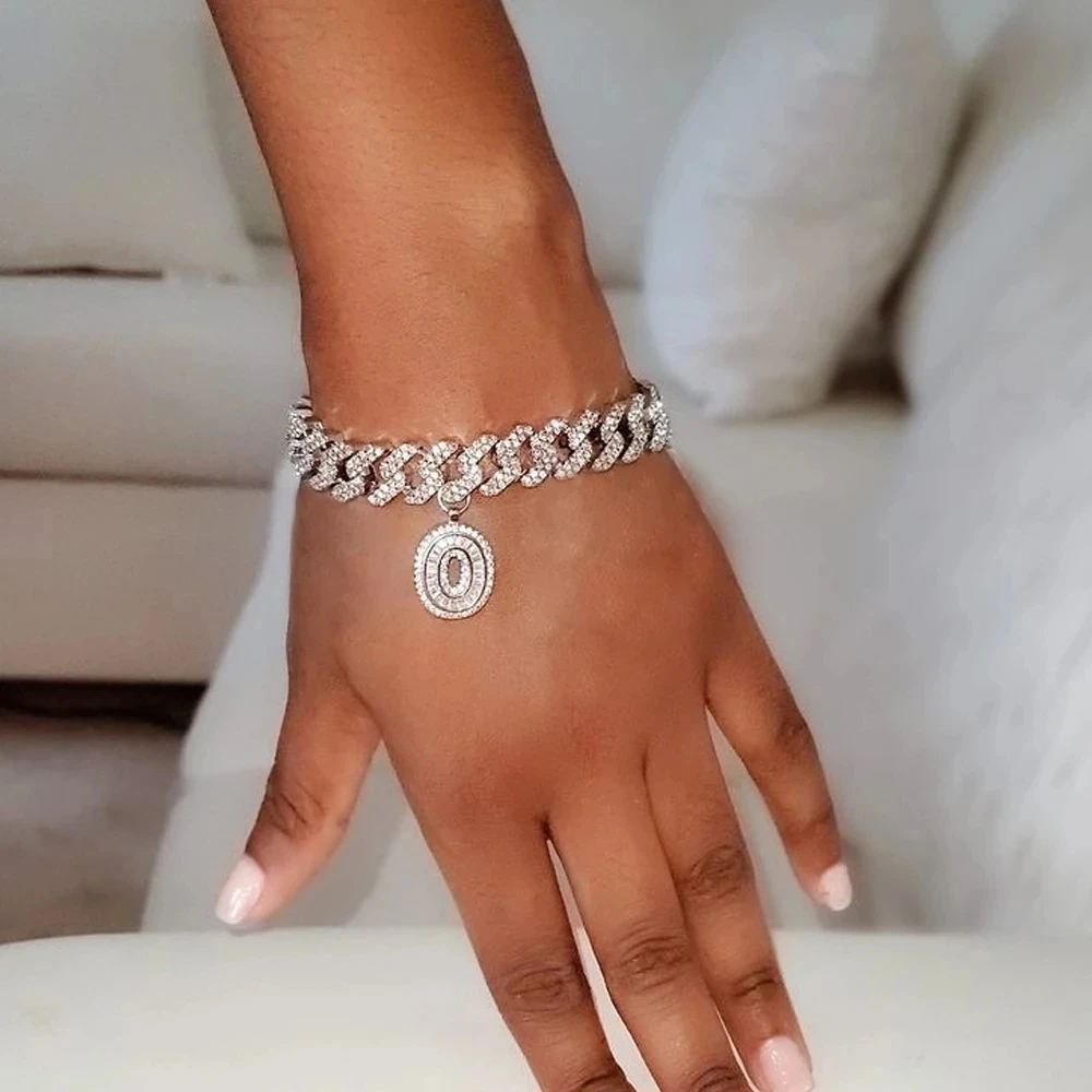 Customized Iced Out Baguette Crystal Initial Name Cuban Bracelet Women Men Letter Hand Link Cuban Chain Personalized Jewely Gift