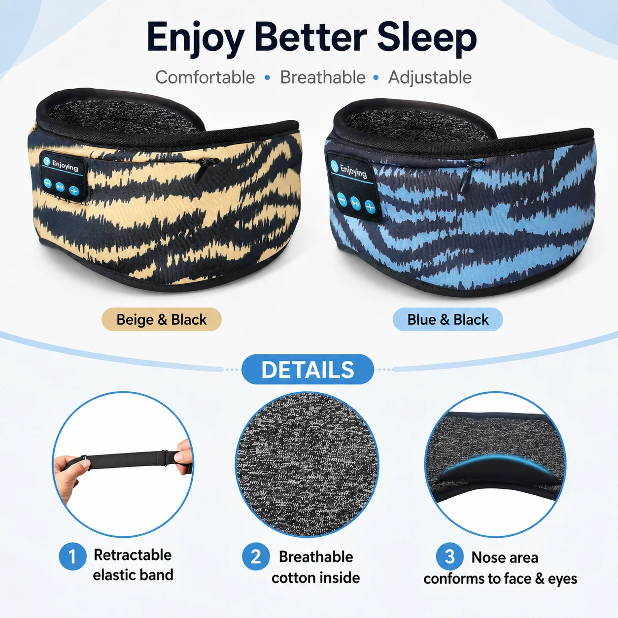 Bluetooth Sleep Eye Mask with Headphones, Soft Sleeping Headphone Mask for Side Sleepers Travel Sleep Shade Eyepatch