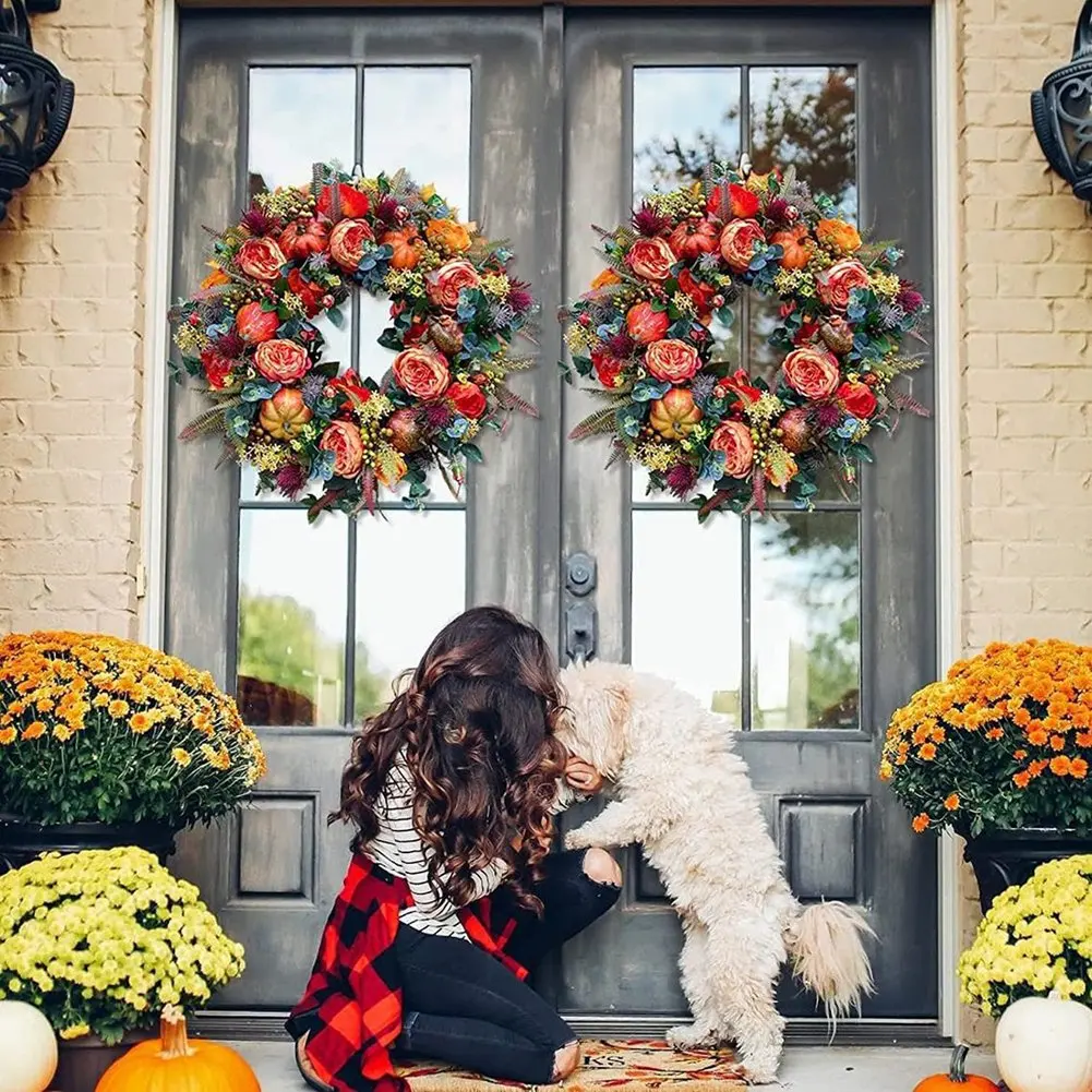 Artificial Autumn Peony & Pumpkin Wreath Country Autumn Knocker Autumn Home Decoration Wreath