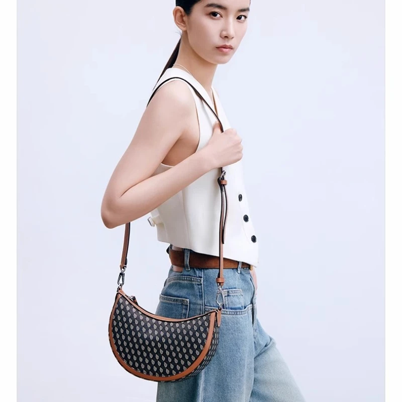 DISSONA 2025 Crescent Moon Bag New Lucky Pouch Crescent Moon Shoulder Bag Crossbody Vintage Print Handbag Moon Bag