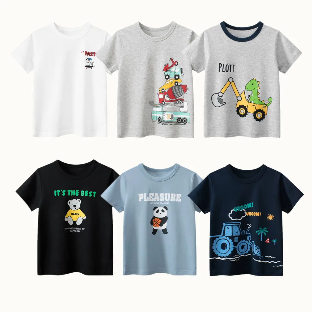 2024 Summer Boys\' High-Quality Cotton Letter Bear Panda Dinosaur Cartoon Short Sleeve T-Shirt Breathable Casual Sport Top