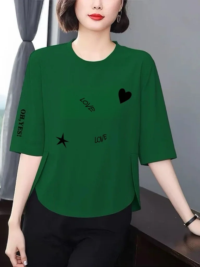 

Casual Printed 3/4 Sleeve T-Shirt Women Loose round Neck Mid-aged Mom's Style Slimming Anti-aging Top Breathable Polyester Fiber