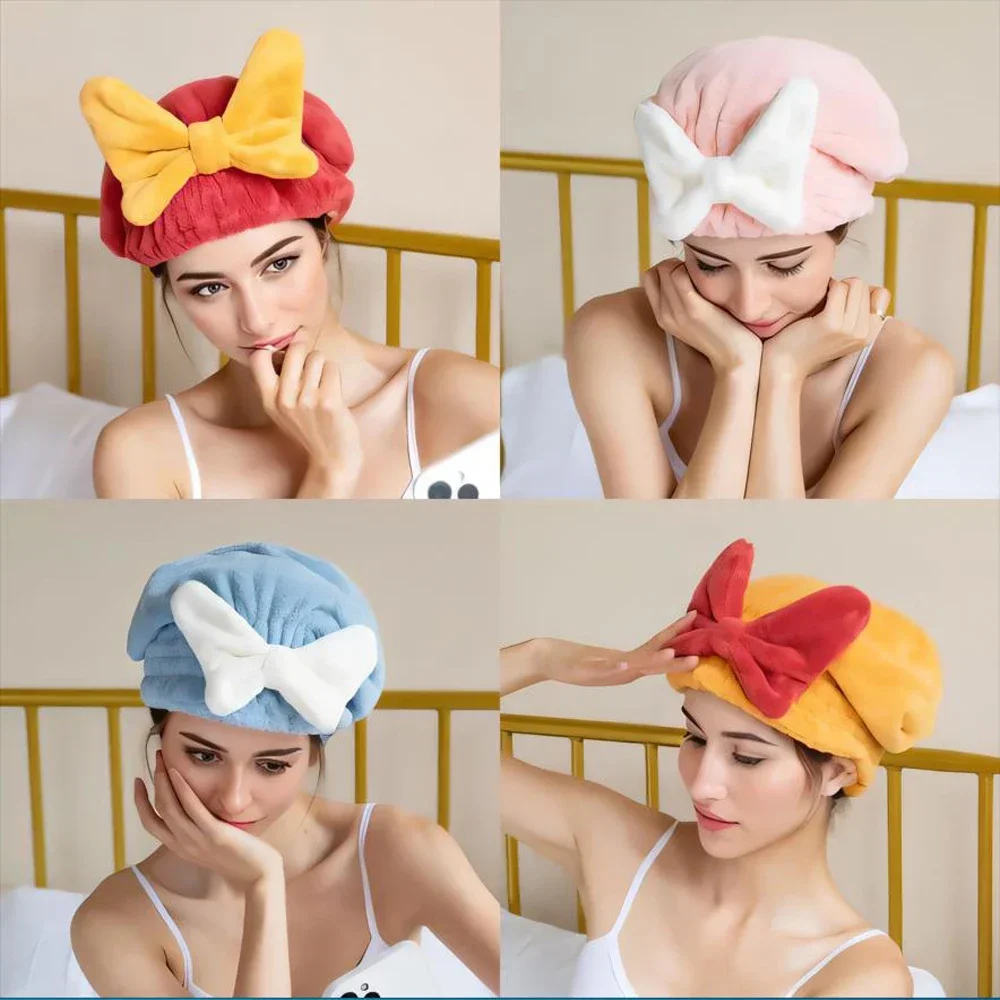 

1PC Quick Drying Hair Towel Wrap with Bow Microfiber Absorbent Turban for Wet Hair Curly Long Thick Hair Shower Cap