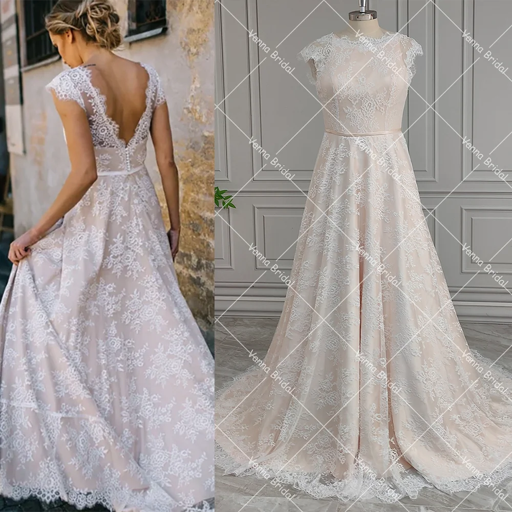 A Line Beach abito da sposa in pizzo bohémien 2024 manica A berretto scollo A barchetta abito da sposa rustico senza schienale grandi dimensioni su misura