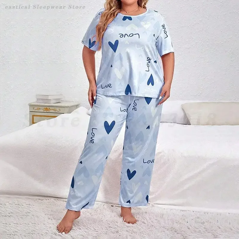 

Брюки с короткими рукавами Pijama Mujer, большой размер 5XL, женский пижамный комплект из 2 предметов, свободная повседневная домашняя одежда, одежда для сна с принтом «Любовь», ночная рубашка