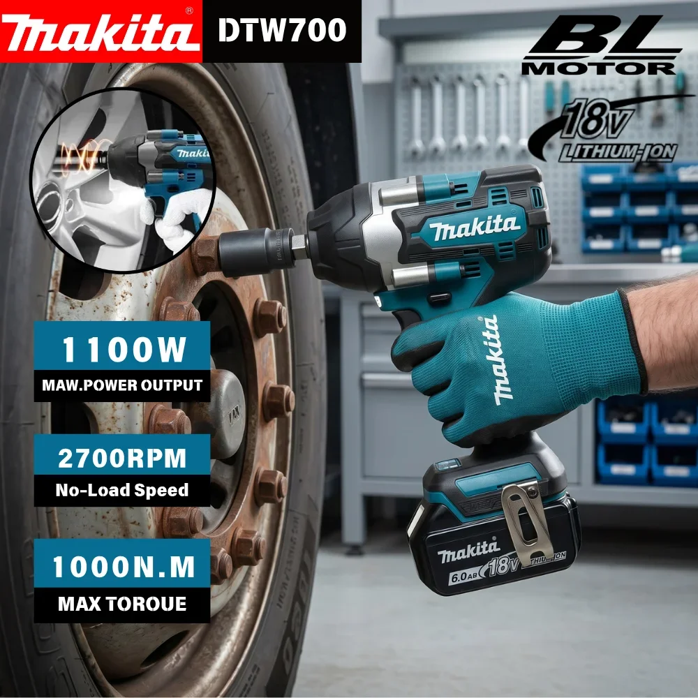Makita Elektroschrauber DTW700, bürstenloser, multifunktionaler, wiederaufladbarer 18-V-Lithium-Akku, Schlagschrauber mit hohem Drehmoment für die Autoreparatur