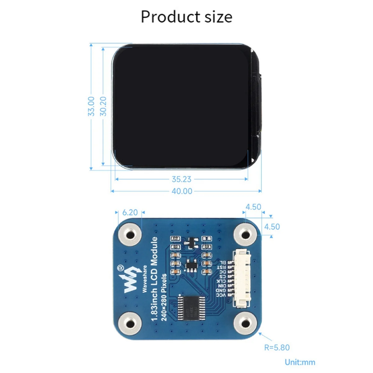Waveshare 1.83 Inches LCD Expansion Board IPS Color Round Corner Display 240x280 SPI Interface 65k Color Screen Expansion Board