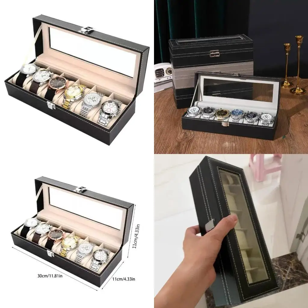 

Gorgeous 6 Slot PU Leather Watch Box Display Holder Watch Jewelry Storage Box with Glass Lid More Fast to Find Treasure