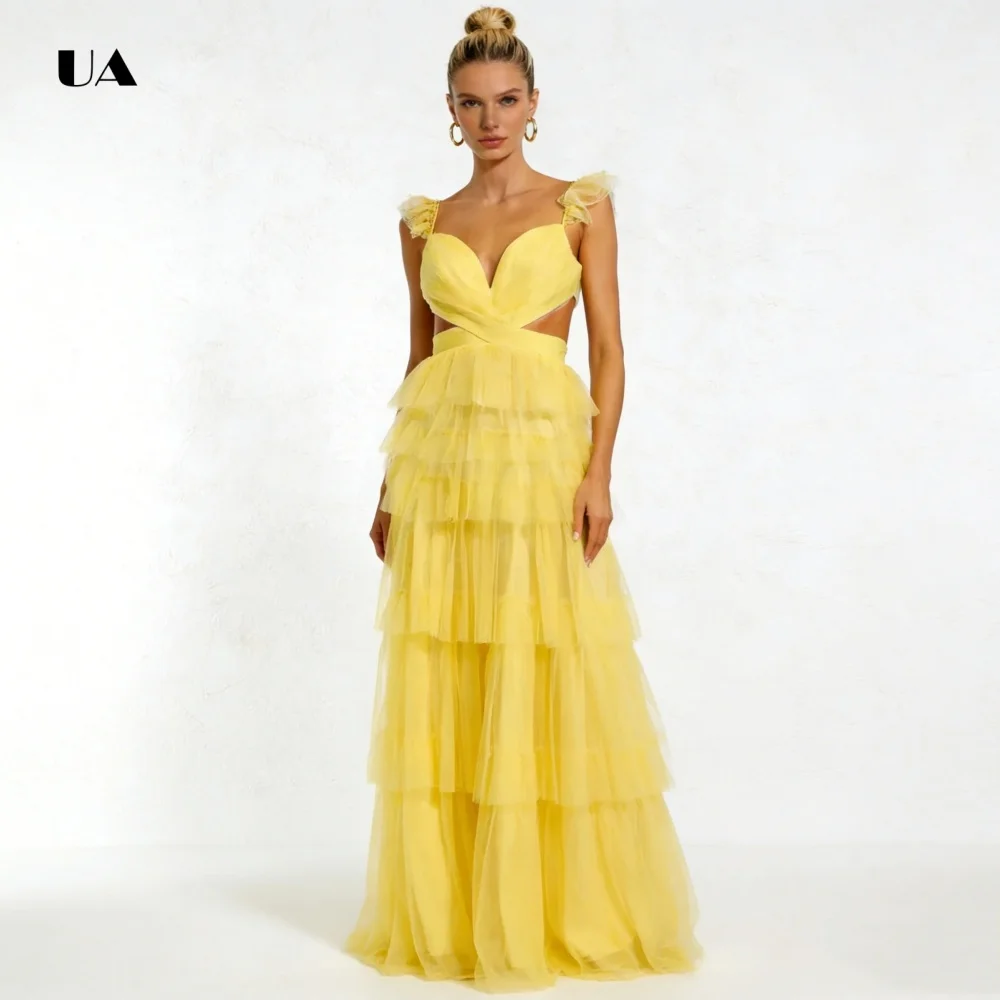 ULBYANRY Ruffle Tiered Tule Kolom Galajurk Effen Sweetheart Hals Uitgesneden Avondjurk Spaghetti Aangepaste Feestjurk