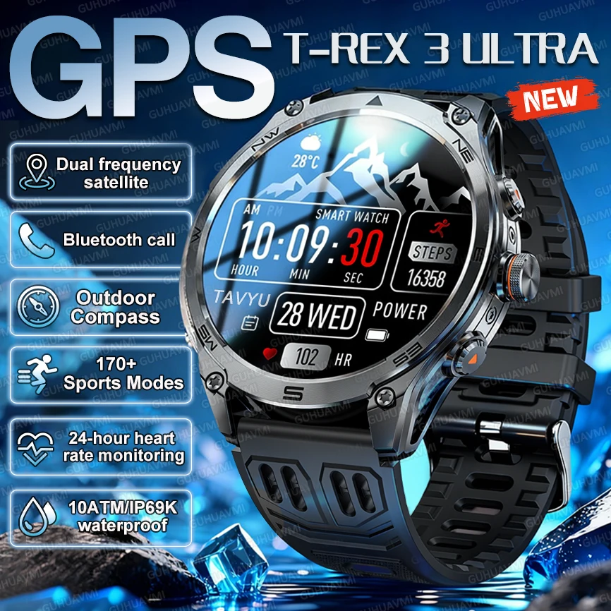 

T-Rex3 Военные GPS-карты Смарт-часы мужские 10ATM Водонепроницаемые прочные часы для плавания с аккумулятором 1000 мАч Спорт Фитнес 2026 Новые часы