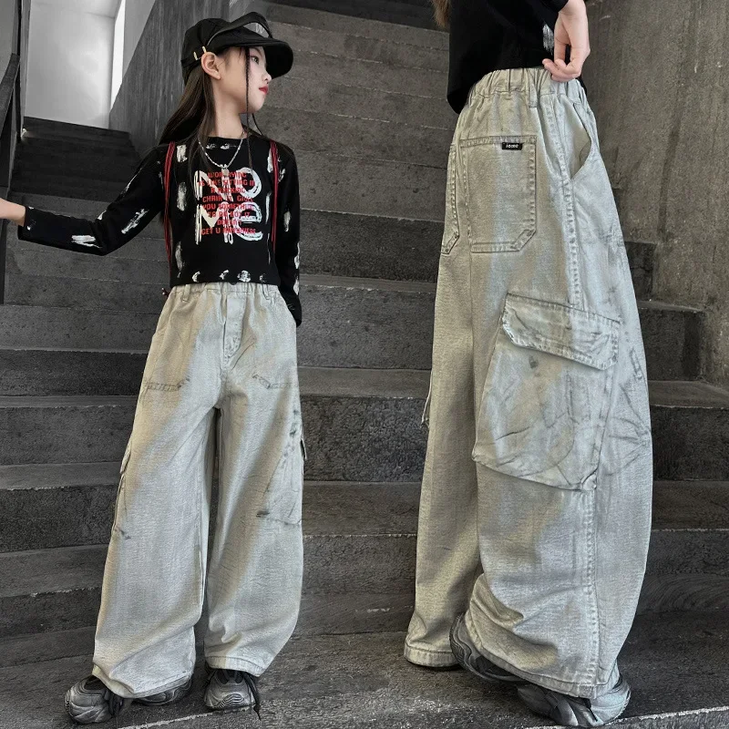 

Girls Suits 2024 Autumn New Childrens Clothes Korean Style Girl Baby Foreign Letter Top Dirty Jeans Two Sets Casual Simple Tide