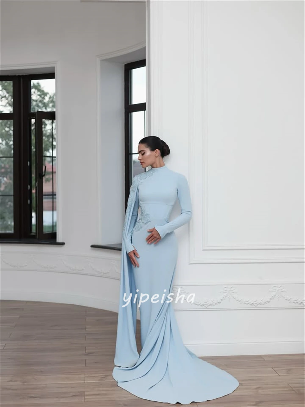 Customized High Quality Fashion Jersey Handmade Flower Beading Straight High Collar Long Dresses Bespoke Occasion Dresses Retro image 2