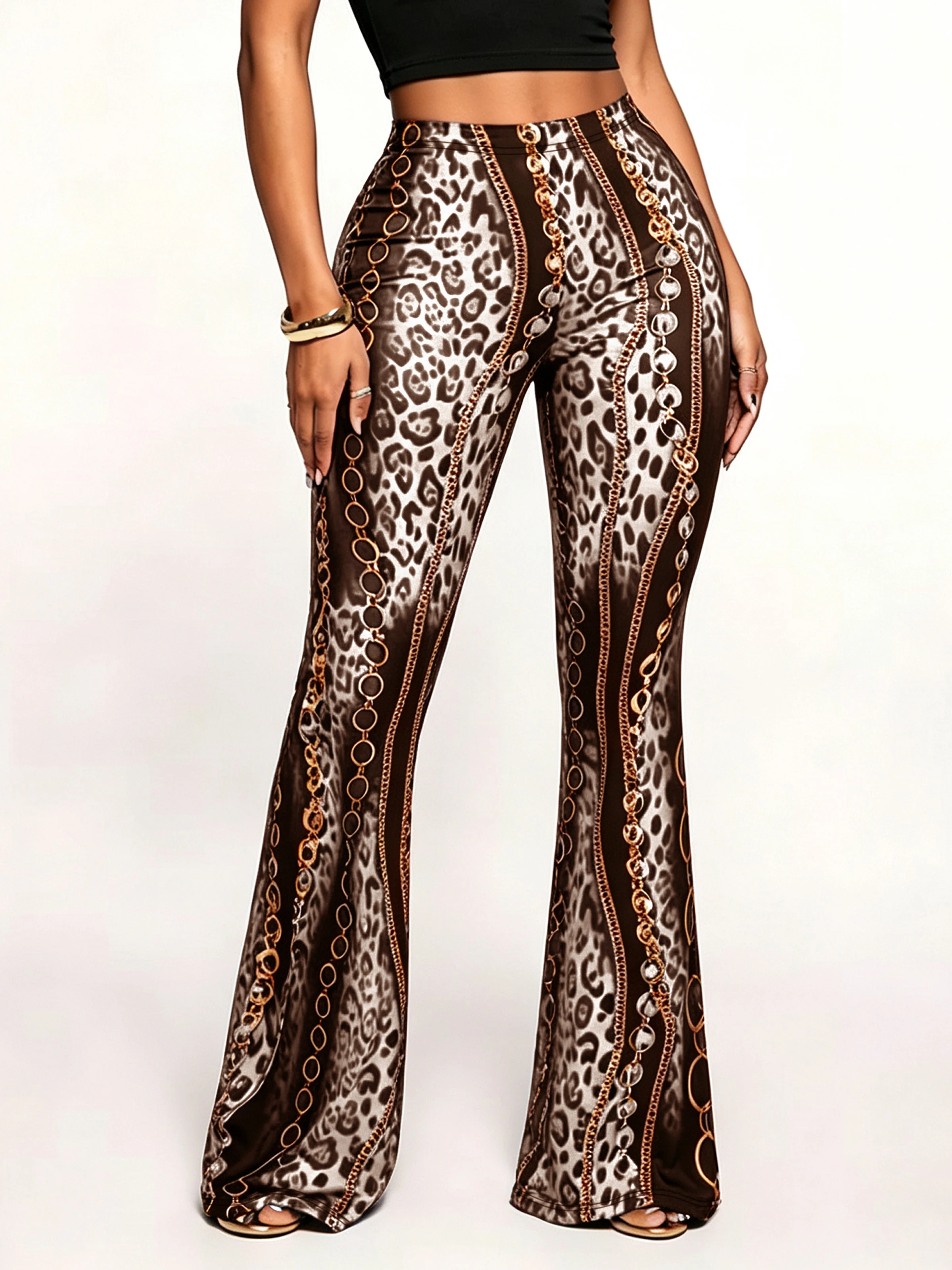 1552  Ladies Retro Leopard Chain Print Bell Bottom Pants Vintage Color Block Drapey Casual Long Trousers