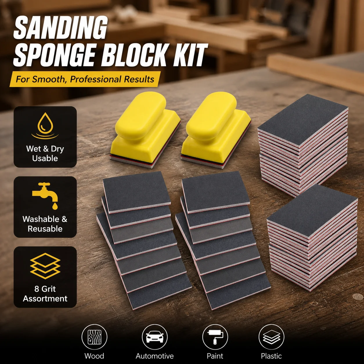 Sanding Sponge Set Wet and Dry Abrasive Foam Blocks Multi Grit Assortment for Wood Furniture Touch Ups and Auto Body Repair