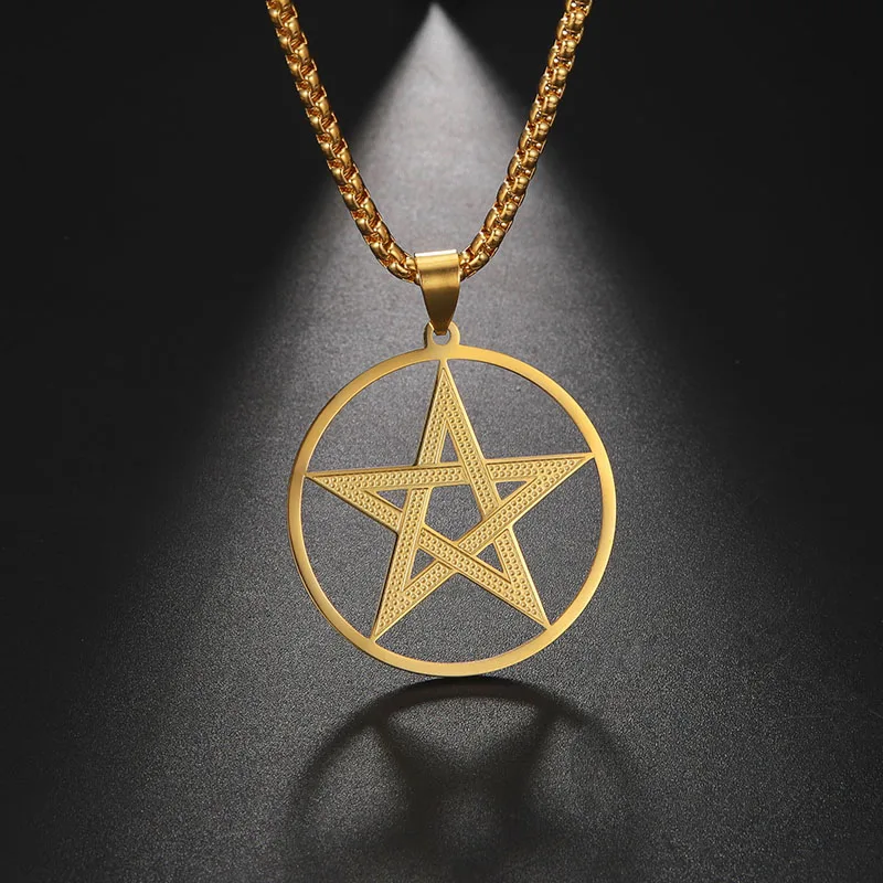 Hip Hop Openwork Pentagram Pendant Necklace for Men Women Fashion Stainless Steel Gold Color Box Chain Necklace Jewelry Gift