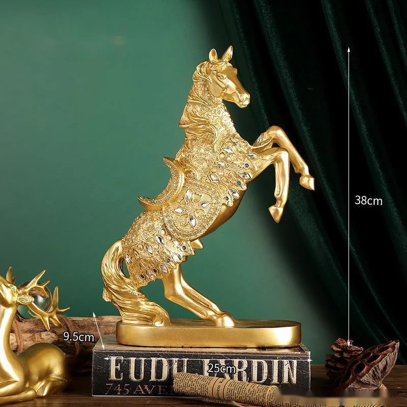 Gold Decor Horse Statue Lucky Horse Resin Sculpture Horse Model Home Decor Animal Decoration Living Room Office Craft Decoration