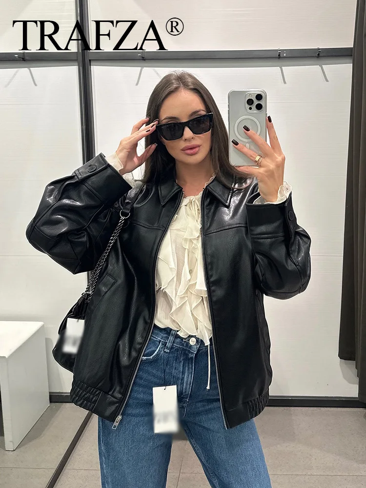 

TRAFZA 2024 Autumn Female Solid Jacket Turn-Down Collar Long Sleeves Zipper Fly Cardigan Pockets Streetwear Woman Coat Trendy