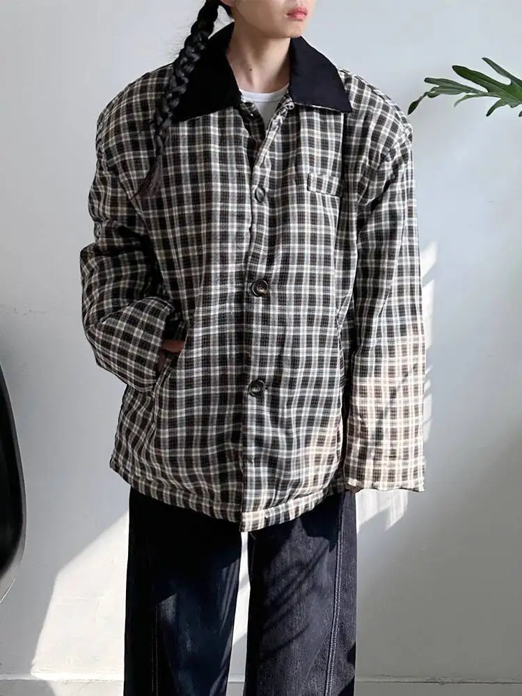 

HUISONG корейская клетчатая стеганая куртка большого размера с хлопковой подкладкой и лоскутным воротником, свободное повседневное толстое теплое пальто, осень-зима