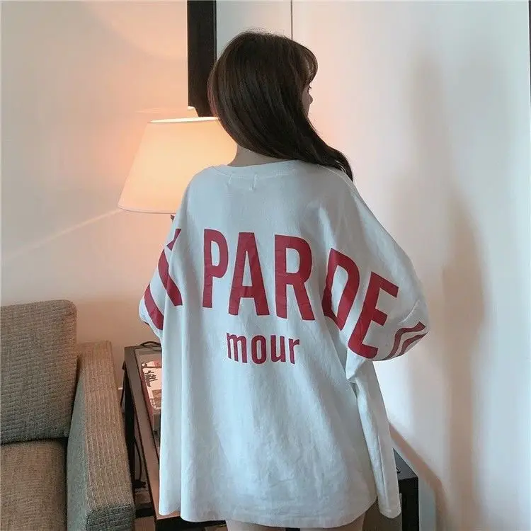 Hong Kong Style Long Sleeved T-shirt for Women Korean Version Loose Fit Large Size Thin Design Letter Printed Round Neck Base